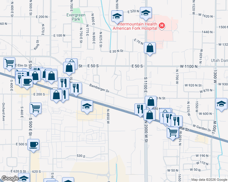 map of restaurants, bars, coffee shops, grocery stores, and more near 1050 Bamberger Drive in American Fork