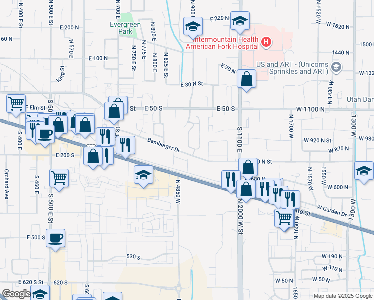 map of restaurants, bars, coffee shops, grocery stores, and more near 1050 Bamberger Drive in American Fork