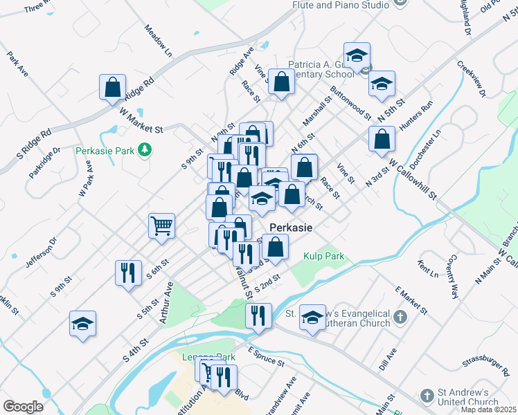 map of restaurants, bars, coffee shops, grocery stores, and more near 17 South 5th Street in Perkasie