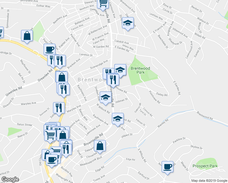 map of restaurants, bars, coffee shops, grocery stores, and more near 3700 Brownsville Road in Pittsburgh