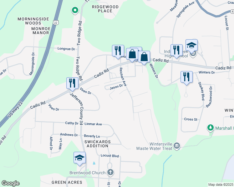 map of restaurants, bars, coffee shops, grocery stores, and more near 135 Reichart Avenue in Wintersville