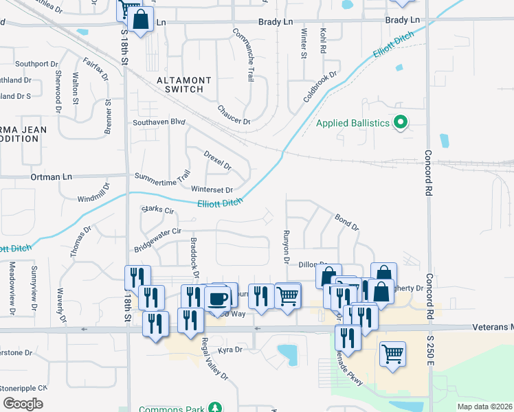 map of restaurants, bars, coffee shops, grocery stores, and more near 2014 Bridgewater Court in Lafayette