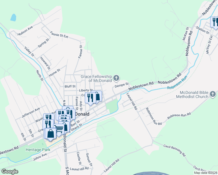 map of restaurants, bars, coffee shops, grocery stores, and more near 116 Miller Street in McDonald