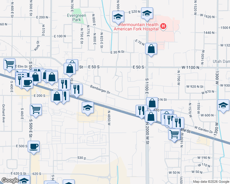 map of restaurants, bars, coffee shops, grocery stores, and more near 1050 Bamberger Drive in American Fork