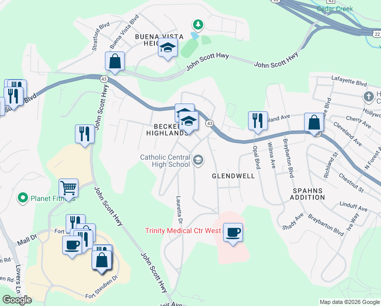 map of restaurants, bars, coffee shops, grocery stores, and more near 298 Garfield Avenue in Steubenville