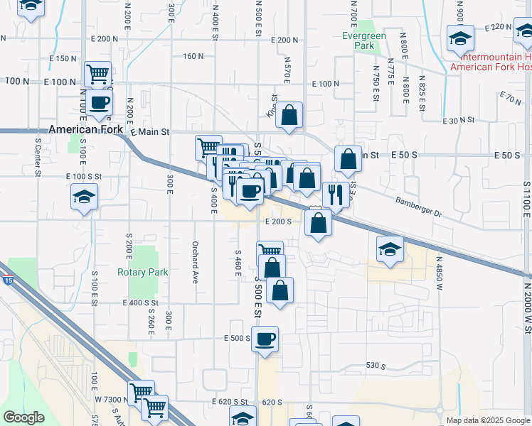map of restaurants, bars, coffee shops, grocery stores, and more near 221 South 500 East in American Fork