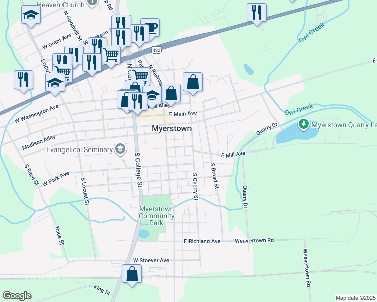 map of restaurants, bars, coffee shops, grocery stores, and more near 205 South Cherry Street in Myerstown