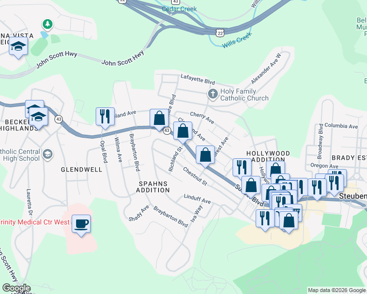 map of restaurants, bars, coffee shops, grocery stores, and more near 2516 Sunset Boulevard in Steubenville