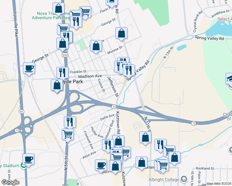 map of restaurants, bars, coffee shops, grocery stores, and more near 2421 Kutztown Road in Reading