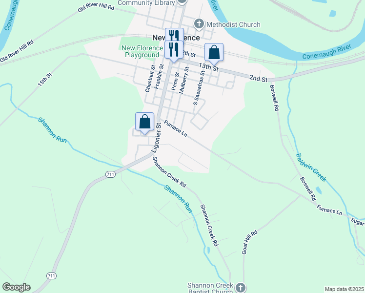 map of restaurants, bars, coffee shops, grocery stores, and more near 125 North View Heights Road in New Florence