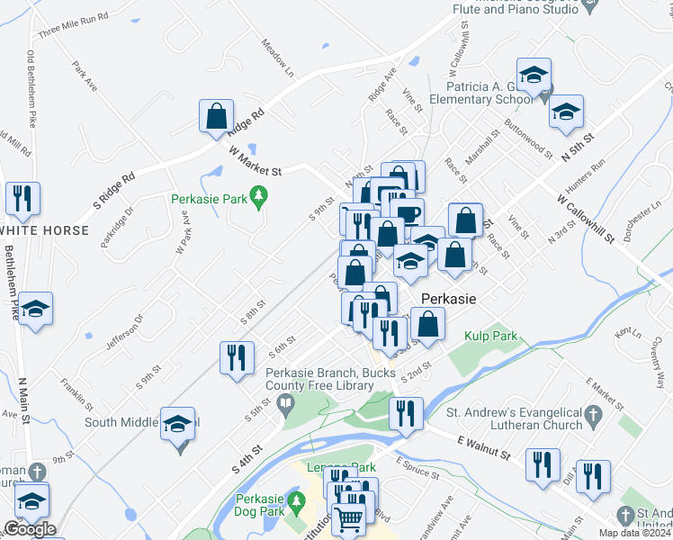 map of restaurants, bars, coffee shops, grocery stores, and more near 616 West Walnut Street in Perkasie