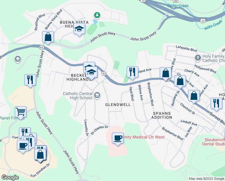 map of restaurants, bars, coffee shops, grocery stores, and more near 3010 Johnson Road in Steubenville