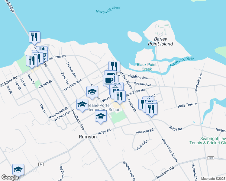 map of restaurants, bars, coffee shops, grocery stores, and more near 122 East River Road in Rumson