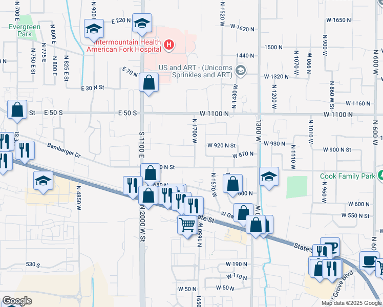 map of restaurants, bars, coffee shops, grocery stores, and more near 823 North 1700 West in Pleasant Grove