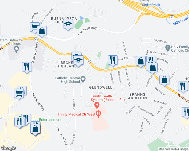 map of restaurants, bars, coffee shops, grocery stores, and more near 3010 Johnson Road in Steubenville
