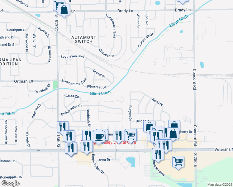 map of restaurants, bars, coffee shops, grocery stores, and more near 60 Bridgewater Court in Lafayette