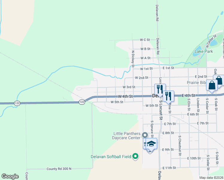 map of restaurants, bars, coffee shops, grocery stores, and more near 607 West 4th Street in Delavan