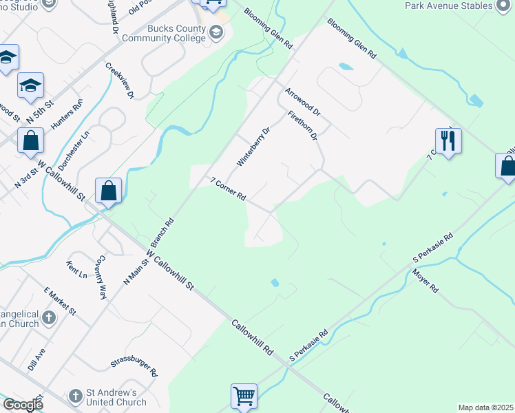 map of restaurants, bars, coffee shops, grocery stores, and more near 1645 7 Corner Road in Perkasie