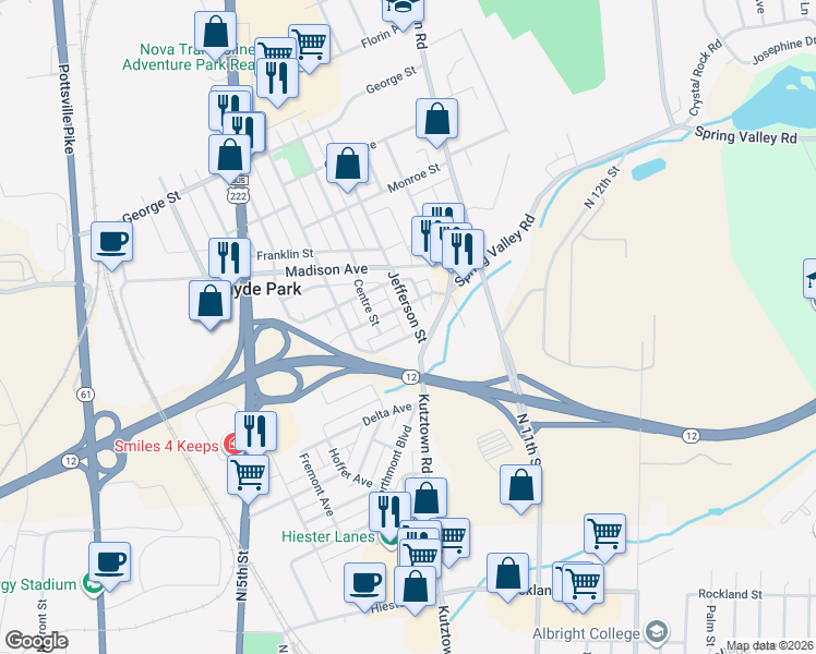map of restaurants, bars, coffee shops, grocery stores, and more near 114 Park Avenue in Laureldale