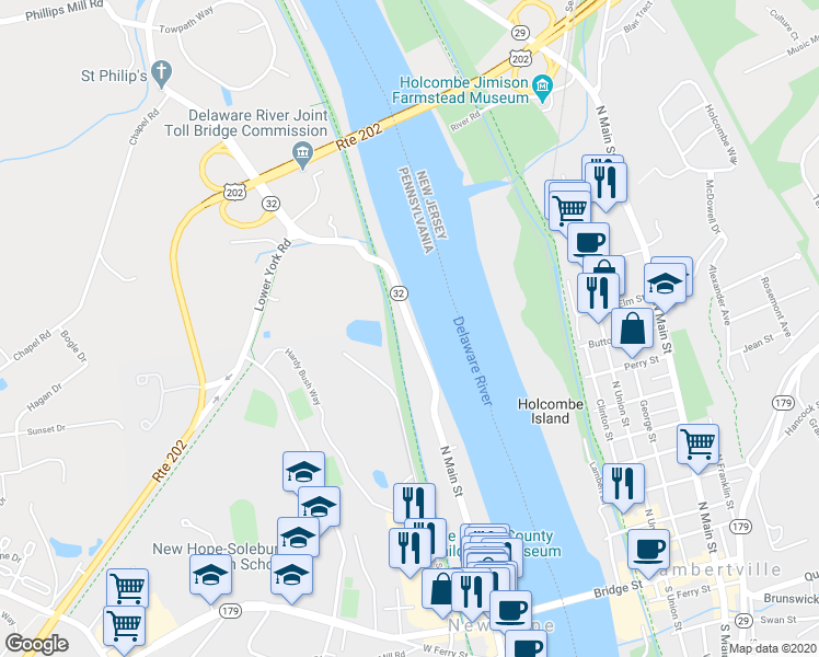 map of restaurants, bars, coffee shops, grocery stores, and more near 265 North Main Street in New Hope
