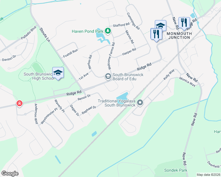 map of restaurants, bars, coffee shops, grocery stores, and more near 7 Gramercy Road in South Brunswick Township
