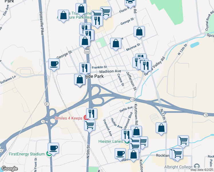 map of restaurants, bars, coffee shops, grocery stores, and more near 230 Bernhart Avenue in Reading