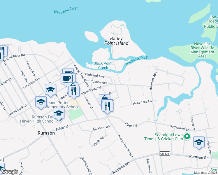 map of restaurants, bars, coffee shops, grocery stores, and more near 17 Holly Street in Rumson