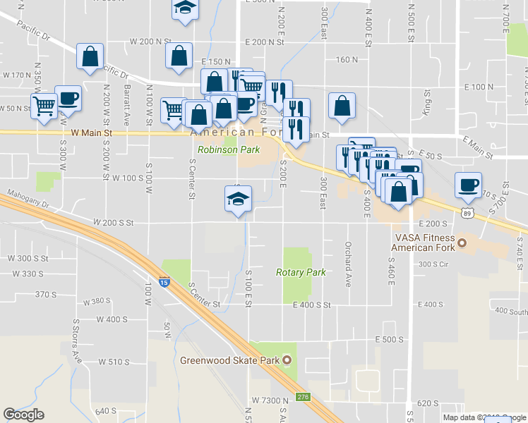 map of restaurants, bars, coffee shops, grocery stores, and more near 168 East 160 South in American Fork