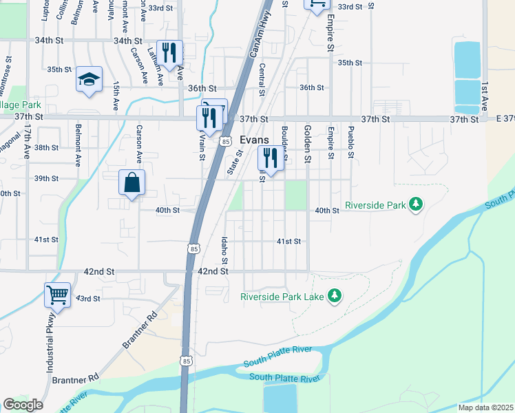 map of restaurants, bars, coffee shops, grocery stores, and more near 4010 Denver Street in Evans