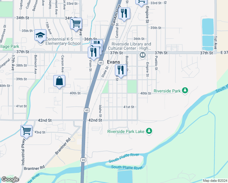 map of restaurants, bars, coffee shops, grocery stores, and more near 4010 Denver Street in Evans