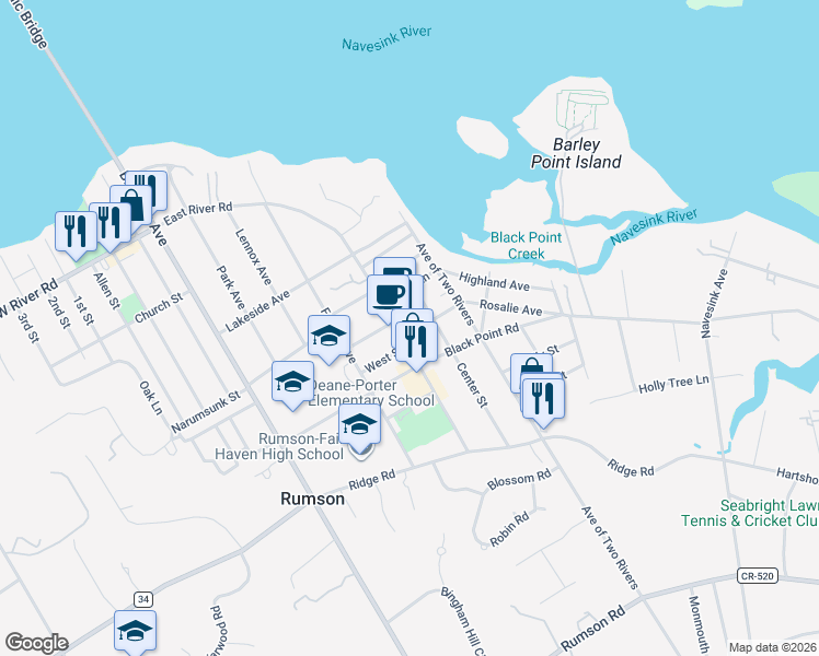 map of restaurants, bars, coffee shops, grocery stores, and more near 122 East River Road in Rumson