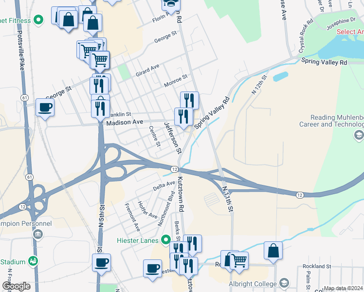 map of restaurants, bars, coffee shops, grocery stores, and more near 2421 Kutztown Road in Reading
