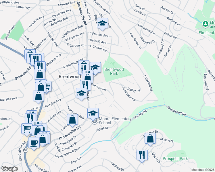 map of restaurants, bars, coffee shops, grocery stores, and more near 41 Pointview Road in Pittsburgh