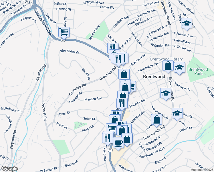 map of restaurants, bars, coffee shops, grocery stores, and more near 434 Glowood Drive in Pittsburgh
