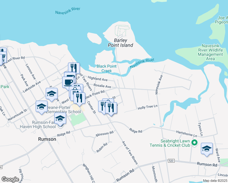 map of restaurants, bars, coffee shops, grocery stores, and more near 123 Black Point Road in Rumson