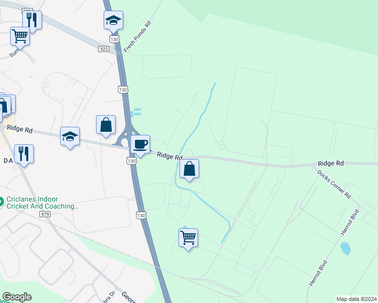 map of restaurants, bars, coffee shops, grocery stores, and more near 1 Chris Court in South Brunswick Township