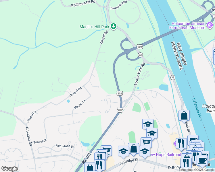 map of restaurants, bars, coffee shops, grocery stores, and more near 6790 Chapel Road in New Hope