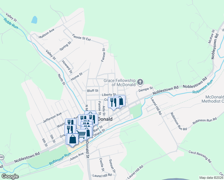map of restaurants, bars, coffee shops, grocery stores, and more near 311 Center Avenue in McDonald