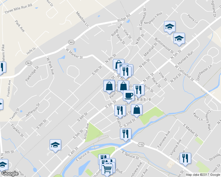 map of restaurants, bars, coffee shops, grocery stores, and more near 112 South 6th Street in Perkasie