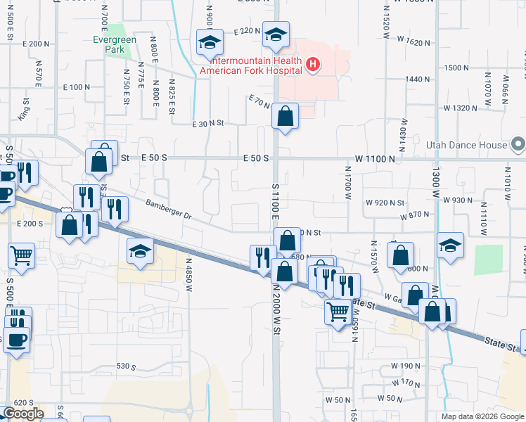 map of restaurants, bars, coffee shops, grocery stores, and more near 191 South 1060 East in American Fork
