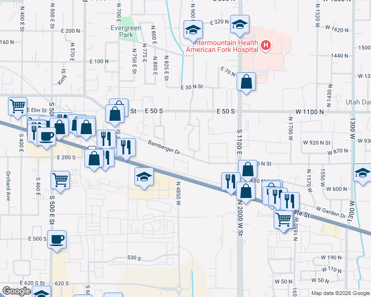 map of restaurants, bars, coffee shops, grocery stores, and more near 178 South 920 East in American Fork