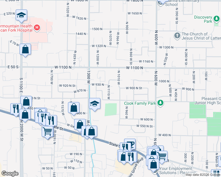 map of restaurants, bars, coffee shops, grocery stores, and more near 896 North 1110 West in Pleasant Grove