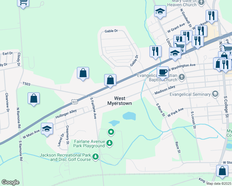 map of restaurants, bars, coffee shops, grocery stores, and more near 470 West Lincoln Avenue in Myerstown