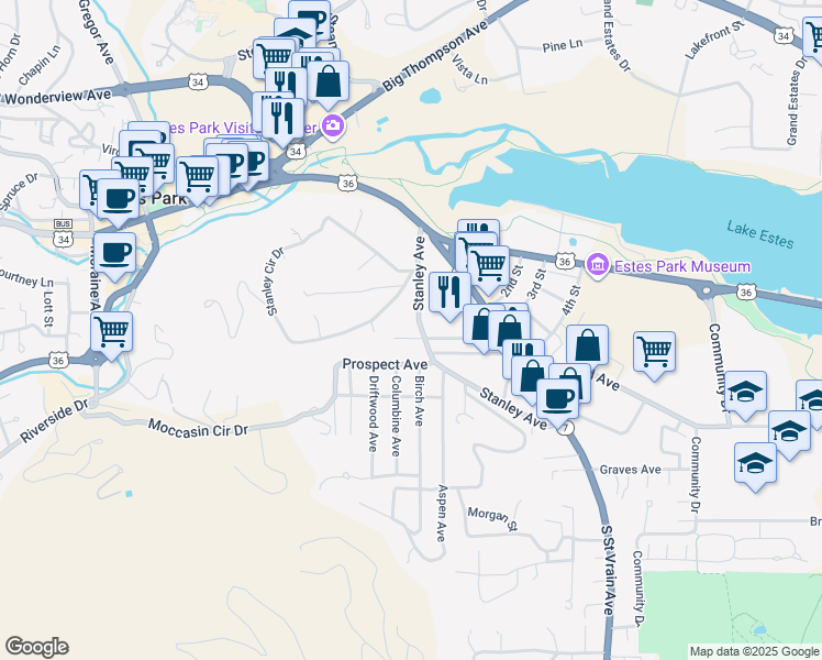 map of restaurants, bars, coffee shops, grocery stores, and more near 179 Stanley Circle Drive in Estes Park