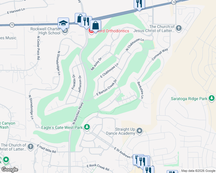 map of restaurants, bars, coffee shops, grocery stores, and more near 3818 East Pinehurst Drive in Eagle Mountain