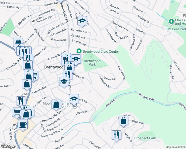 map of restaurants, bars, coffee shops, grocery stores, and more near 110 Dailey Road in Brentwood