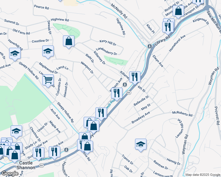 map of restaurants, bars, coffee shops, grocery stores, and more near 3150 Maplene Avenue in Pittsburgh