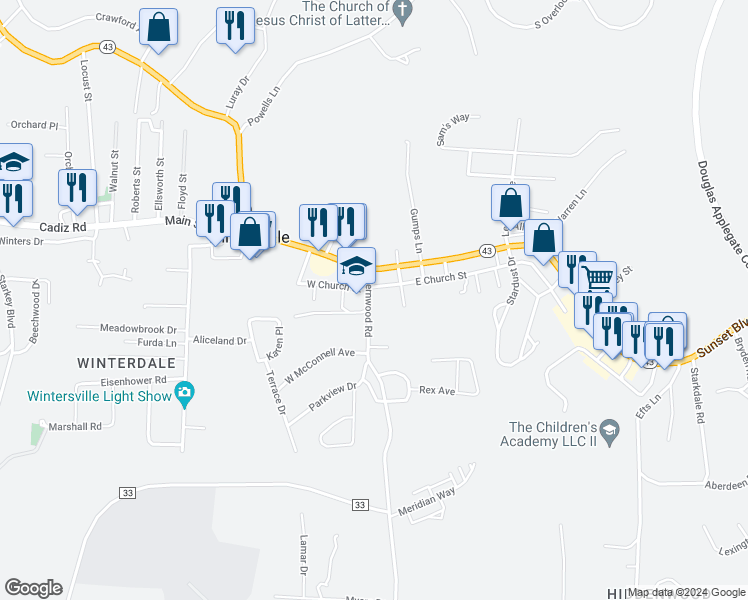 map of restaurants, bars, coffee shops, grocery stores, and more near 875 Main St in Wintersville