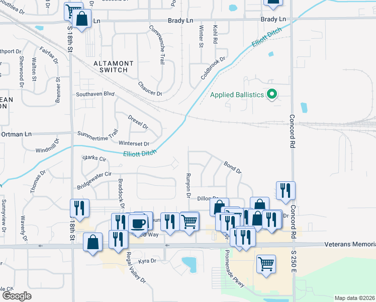 map of restaurants, bars, coffee shops, grocery stores, and more near 3010 Runyon Dr in Lafayette