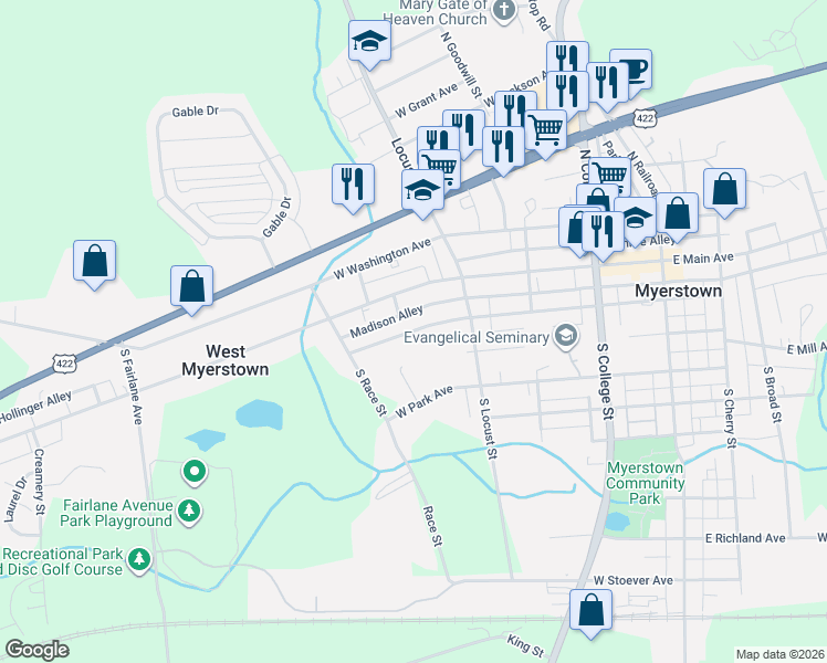 map of restaurants, bars, coffee shops, grocery stores, and more near 321 West Carpenter Avenue in Myerstown